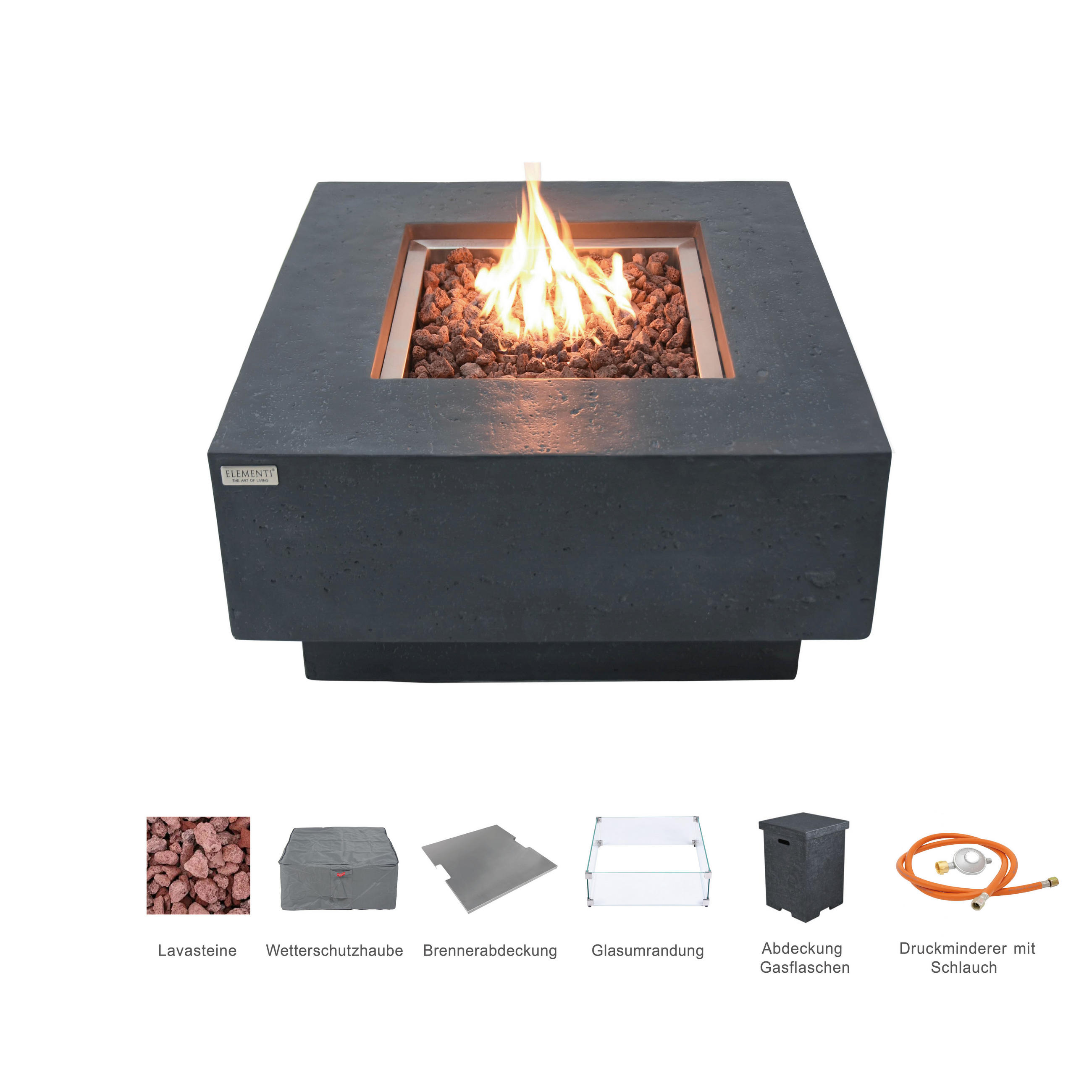 FEUERTISCH Manhattan Gasfeuerstelle aus GF-Beton - 4-tlg. Set inkl. Glasumrandung, Brennerabdeckung und Gasflaschen-Abdeckung - Dunkelgrau, Naturmaterialien (91/40/91cm) - Elementi