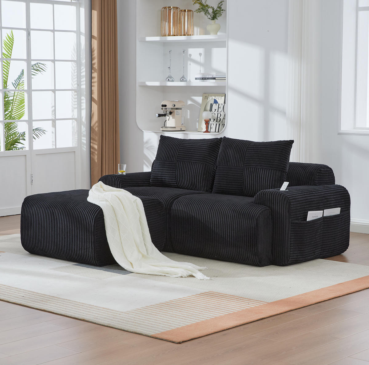 2-SITZER-SOFA aus Cord 200x174x80 cm in Schwarz mit Cupholder & Seitentasche - Schwarz, Textil (174/80/200cm) - Modfu