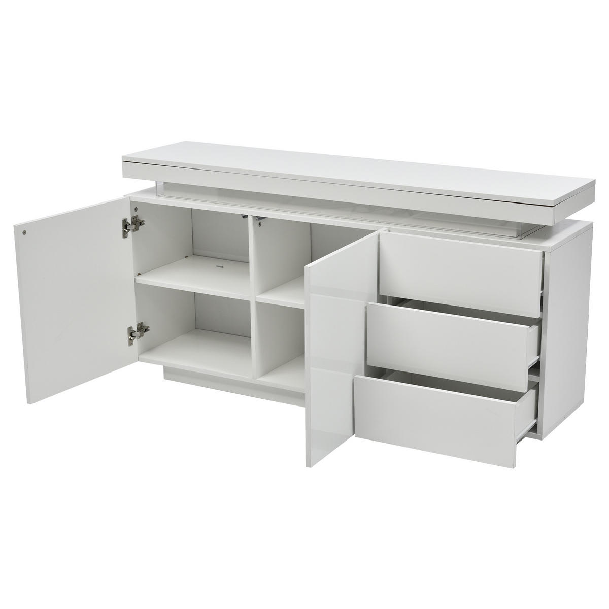 SIDEBOARD 140/35/72,5 cm, Weiß Hochglanz, 2 Türen und 3 Schubladen, integrierte LED, grifflose Optik, Weiß - Weiß, Holzwerkstoff (140/72.5/35cm) - Redom