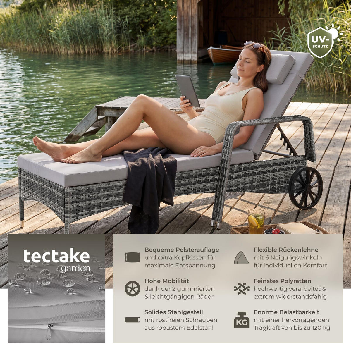 RATTAN-SONNENLIEGE, 200 x 70 x 33 cm, grau/hellgrau - Grau, Kunststoff (70/33/200cm) - tectake