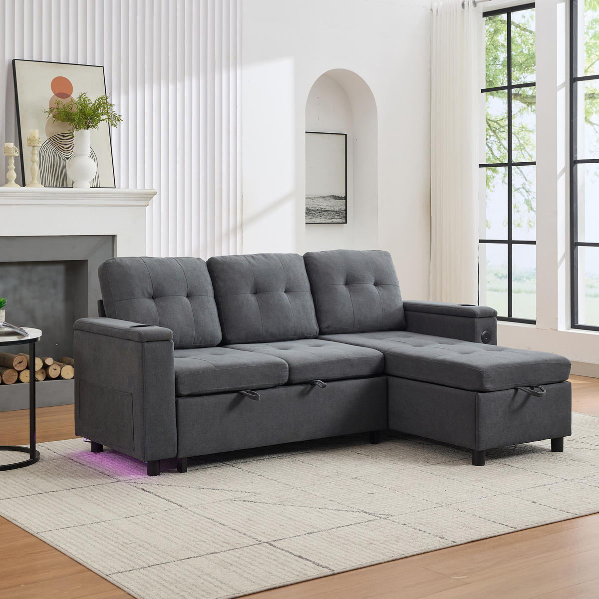 3-SITZER SCHLAFSOFA Vliesstoff Grau mit Stauraum, LED und USB - Grau, Holzwerkstoff/Textil (208/146cm) - WISHDOR