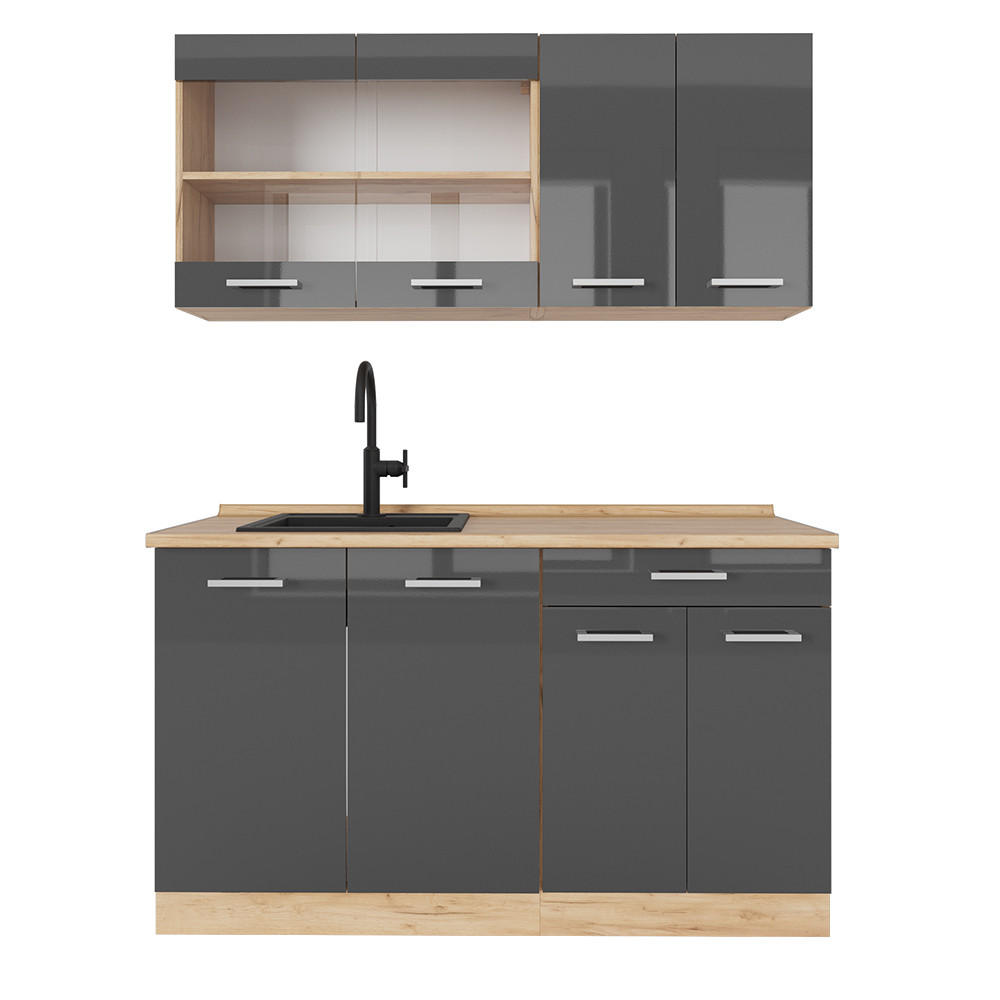 SINGLEKÜCHE R-Line Anthrazit Hochglanz/Goldkraft Eiche 140 cm ohne AP - Anthrazit/Eiche Wotan, Holzwerkstoff (140/81.6/46cm) - Vicco