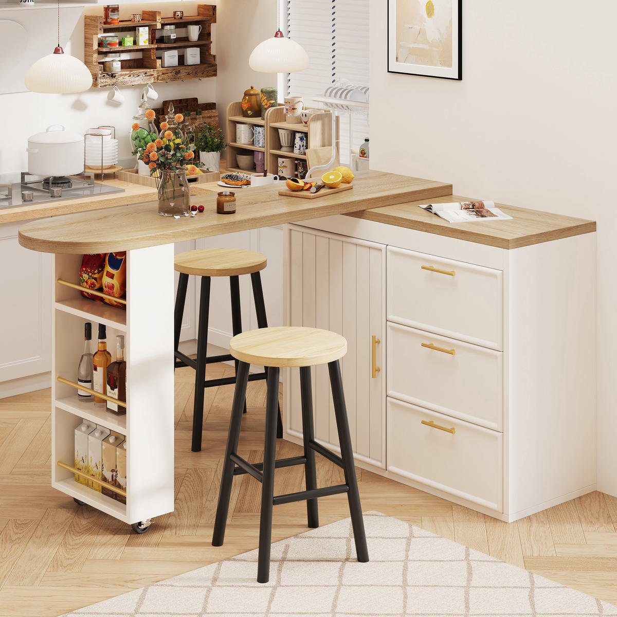 BARTISCH 128-203/39/90 cm in Weiß mit 360°-Drehfunktion und Stauraum - Weiß, Holzwerkstoff (39/203/90cm) - BEAOK