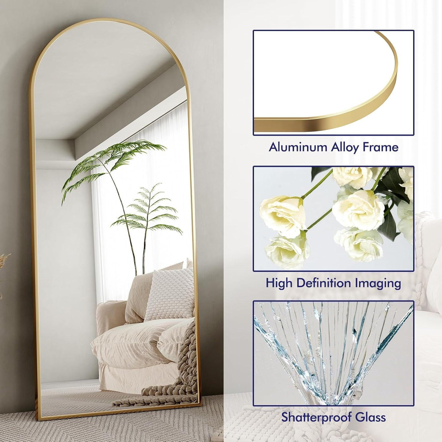 STANDSPIEGEL 180x80 cm- Rund, Standspiegel, Wandmontage - Goldfarben, Glas/Metall (80/180/180cm)