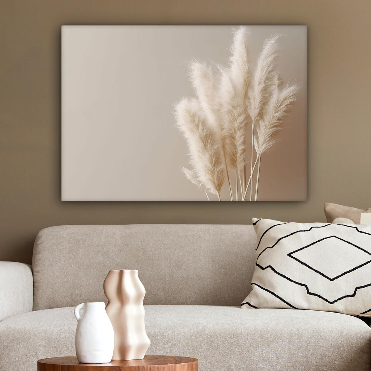LEINWANDBILD Pampasgras - Federn - Pastell - Weiß Wandbilder 80x60 cm - Naturfarben, Textil (80/60cm) - MuchoWow