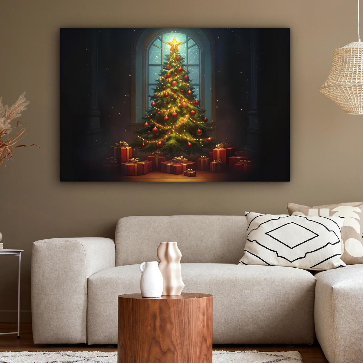 LEINWANDBILD Weihnachtsbaum - Geschenk - Winter Groß 140x90 cm - Grün, Textil (140/90cm) - MuchoWow