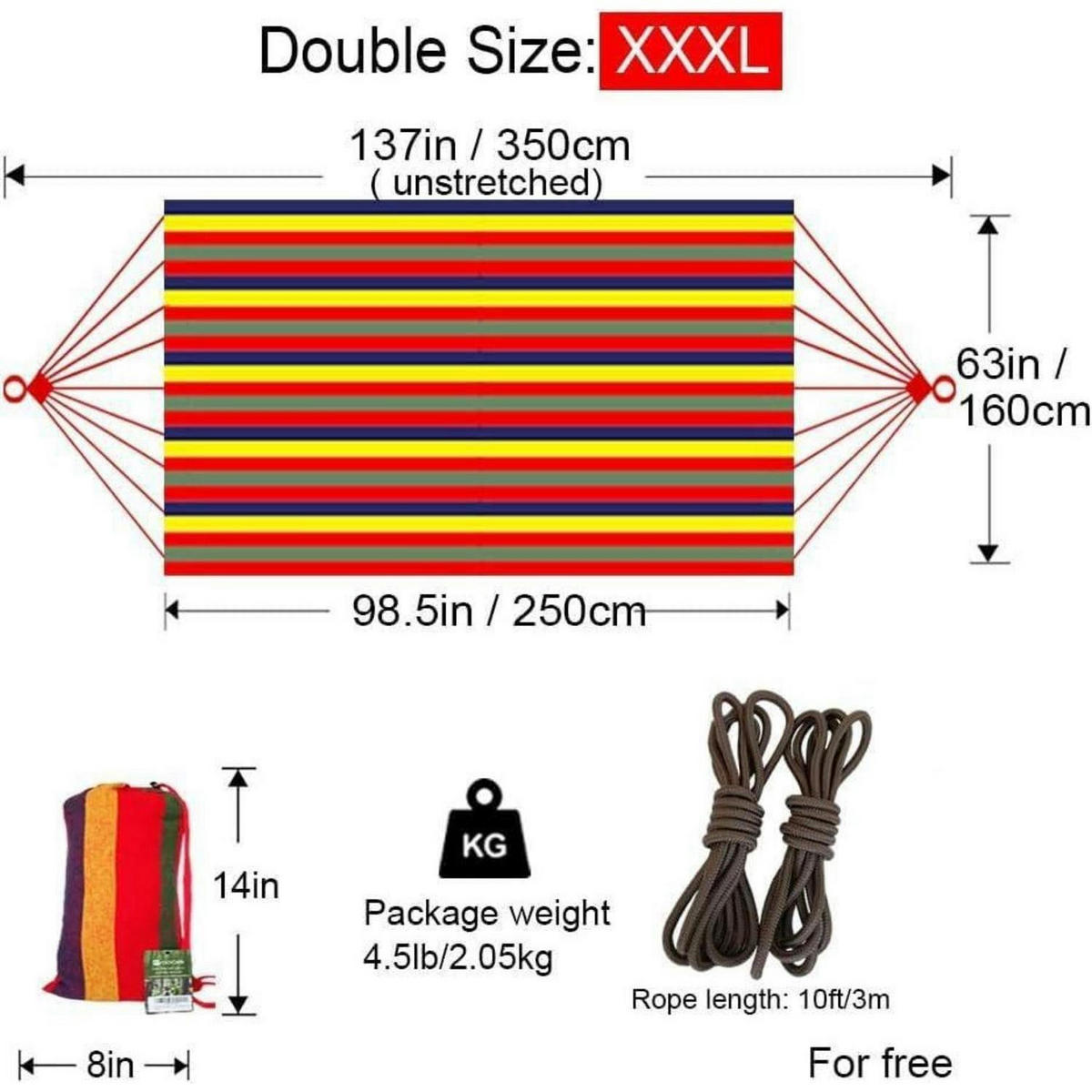 HÄNGEMATTE 2 Personen 250 x 160 cm Regenbogenfarben - Multicolor, Textil (160/2.5/250cm)