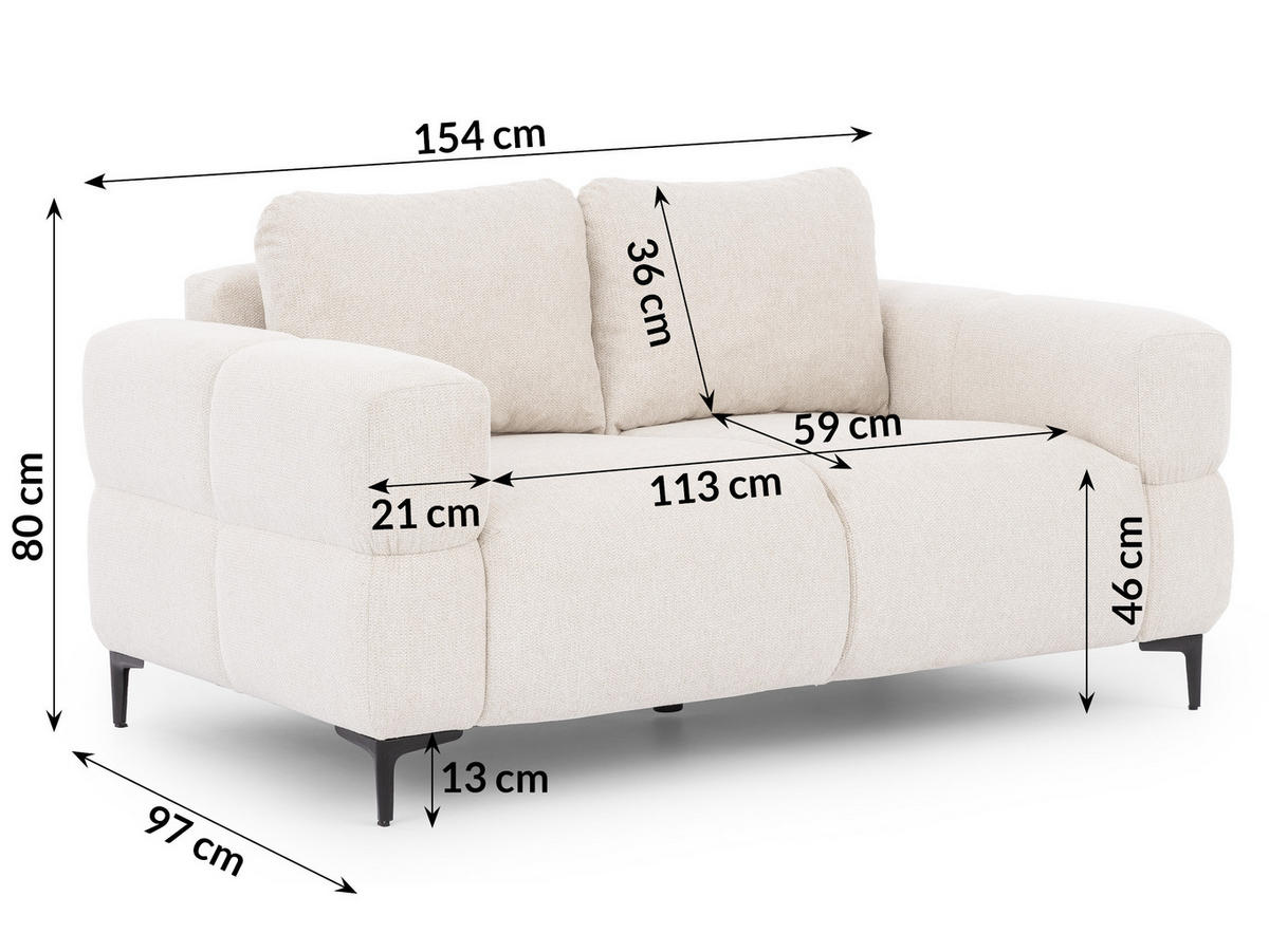 2-SITZER-SOFA Cardea in Bubble-Optik aus weichem Creme Strukturstoff mit hohem Sitzkomfort - Creme/Schwarz, Holz/Textil (154/80/97cm) - S-Style Möbel