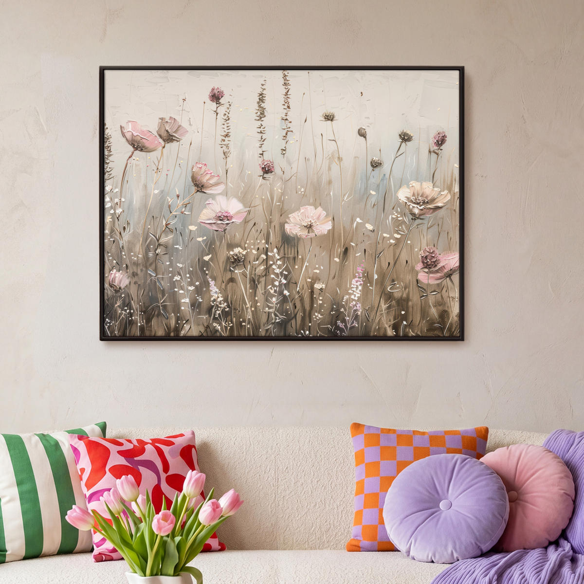 LEINWAND Bilder mit Rahmen - Blumen - Rosa - Modern - Beige - 100x70 - Beige, Textil (100/70cm) - MuchoWow