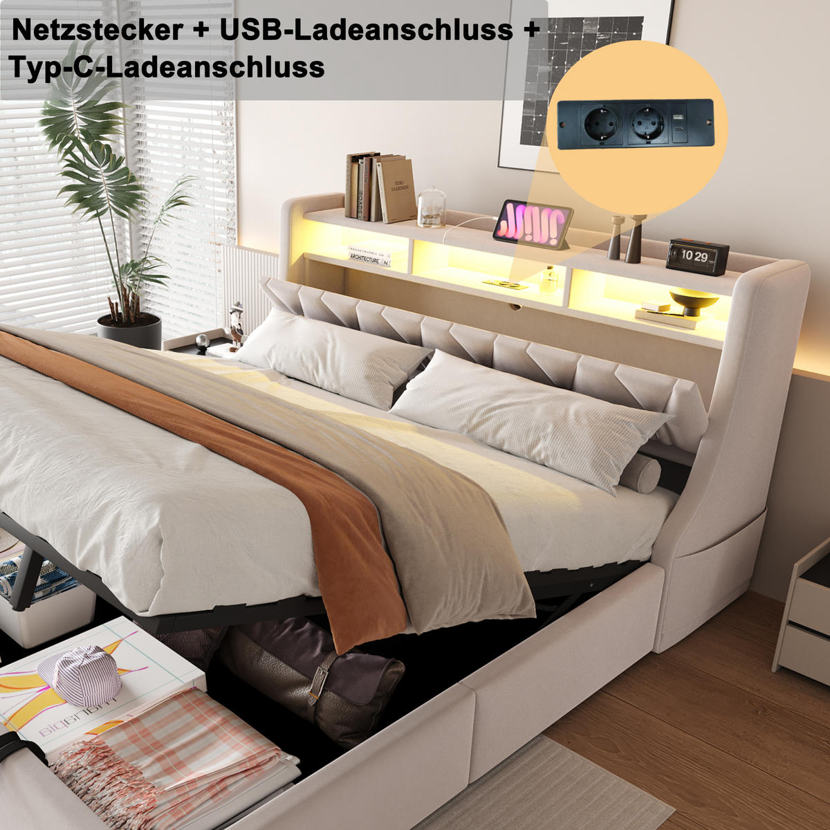 POLSTERBETT 180/200 cm Beige aus Samt mit Stauraum mit LED-Beleuchtung - Beige, Textil (180/200cm) - OKWISH