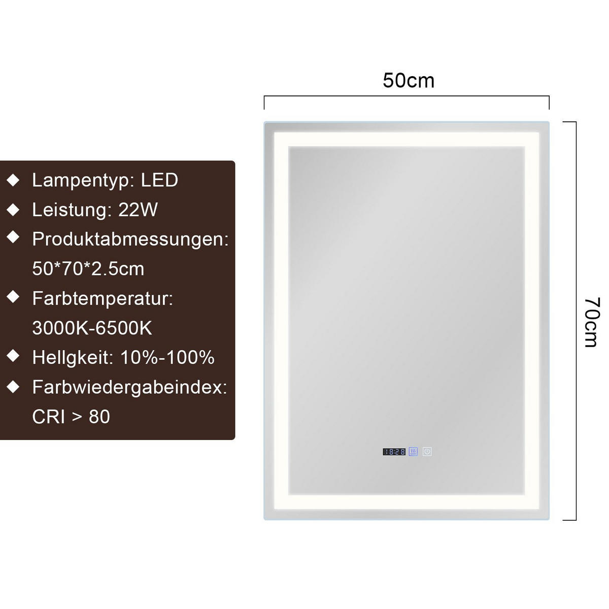 BADEZIMMERSPIEGEL Jena mit LED-Leuchte 50/70/3 cm - Weiß, Glas (70/3/50cm) - Nettlife