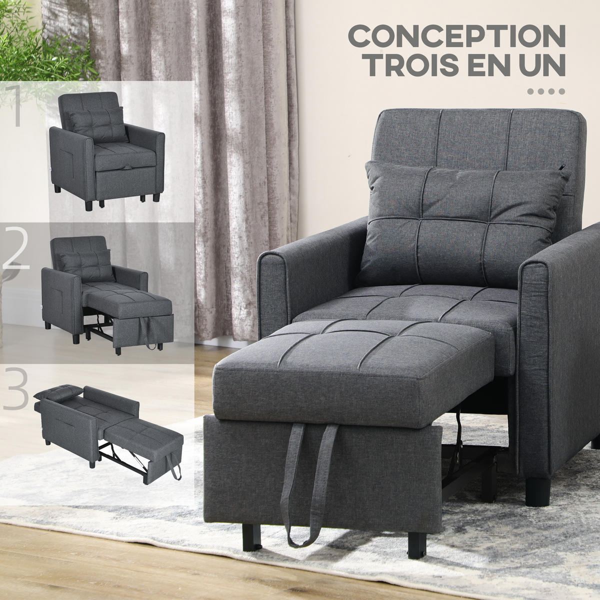 SCHLAFSESSEL 3-in-1 DE-14606 mit 3-fach verstellbarer Rückenlehne Grau - Grau, Metall (69/85/82cm) - ComfortXL