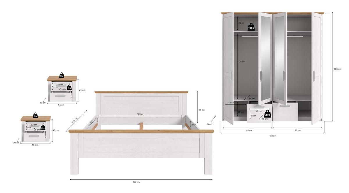 SCHLAFZIMMER weiß Lärche, Eiche Artisan Landhaus, Komplettset mit Bett, Kleiderschrank und 2x Nachttisch - Eichefarben/Silberfarben, Holzwerkstoff/Kunststoff (180/200cm) - Inn.Furn