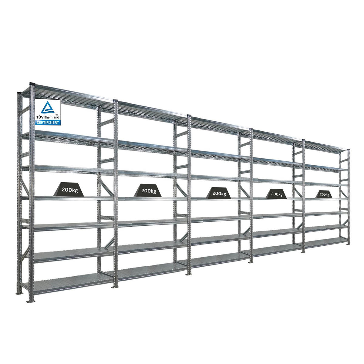 FACHBODENREGAL Proximo Stecksystem 250x600x50cm 7 Ebenen Beidseitig nutzbar Verzinkt - Silberfarben, Metall (600/250/50cm) - PROREGAL