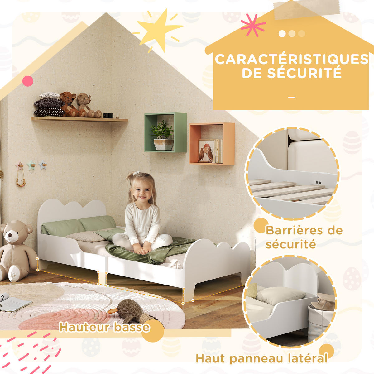 KINDERBETT 70x140 cm DE-14579 mit Sicherheitsbarriere & Wolken-Dekor Weiß - Weiß, Holzwerkstoff (70/140cm) - ComfortXL