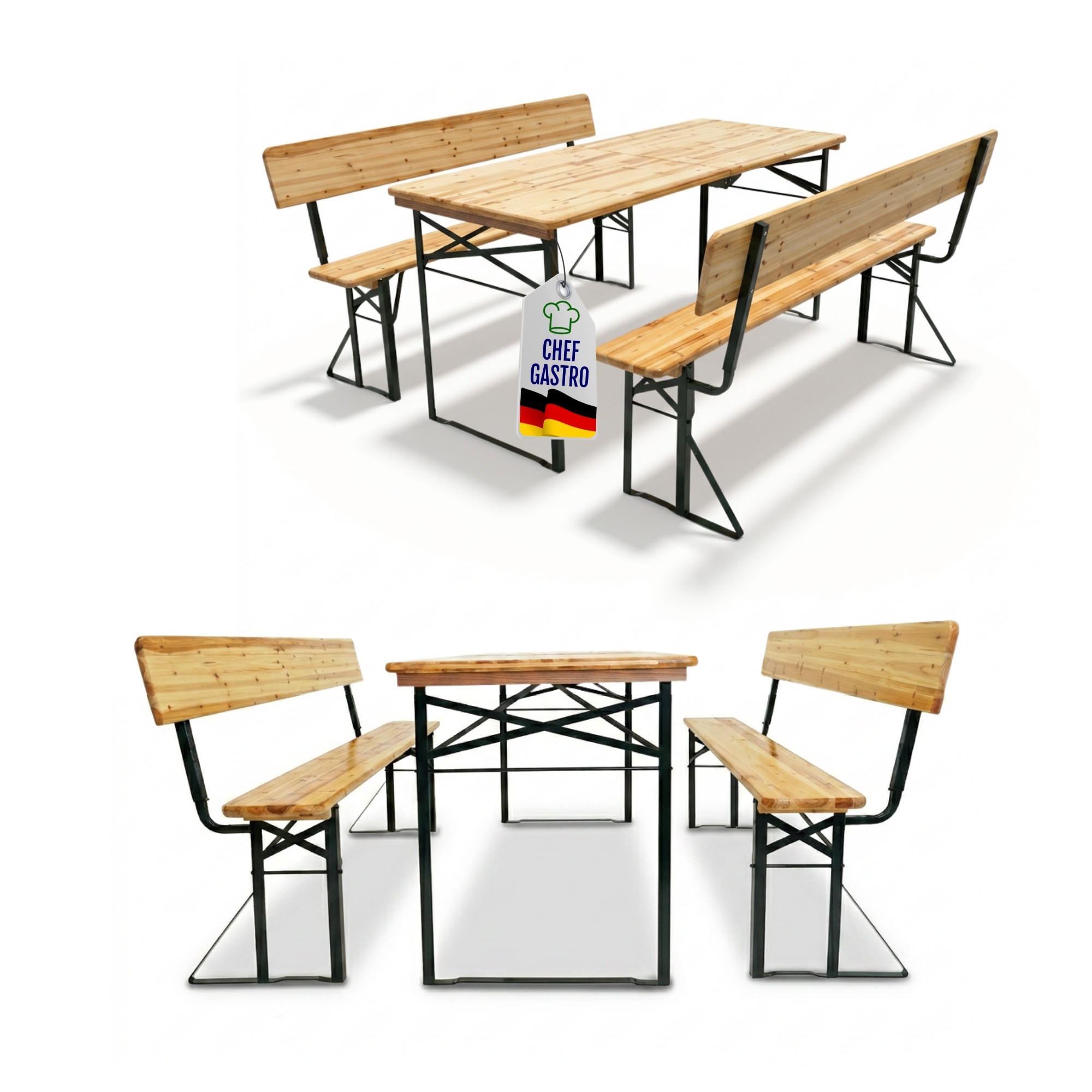 BIERZELTGARNITUR mit Lehne mittig klappbar 170 cm - Schwarz/Naturfarben, Holz/Metall - CHEFGASTRO