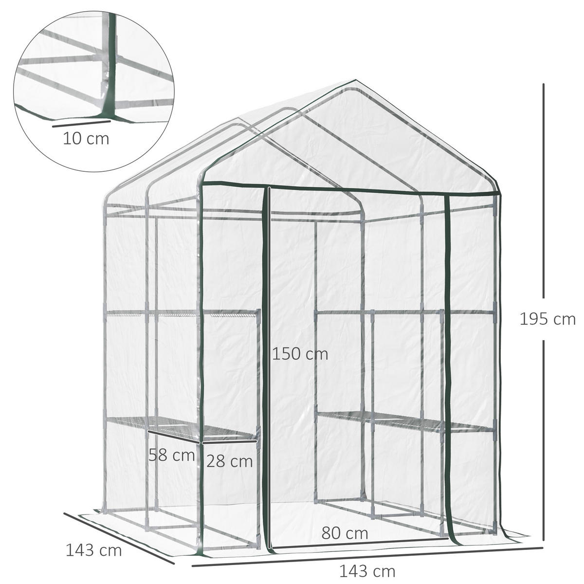 GEWÄCHSHAUS DE-11886 mit 3 Etagen & Tür Grün - Transparent, Metall (143/195/143cm) - ComfortXL