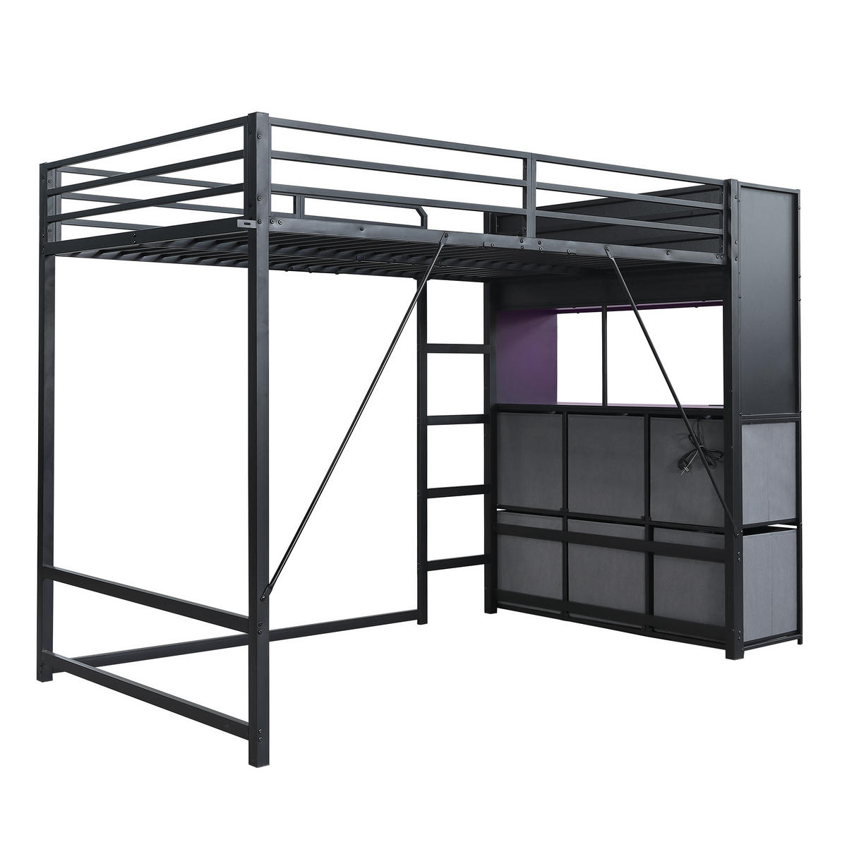 HOCHBETT 120/200 cm mit Stauraum und Ladestation, DE-41770, in Schwarz - Schwarz, Metall (120/200cm) - ComfortXL