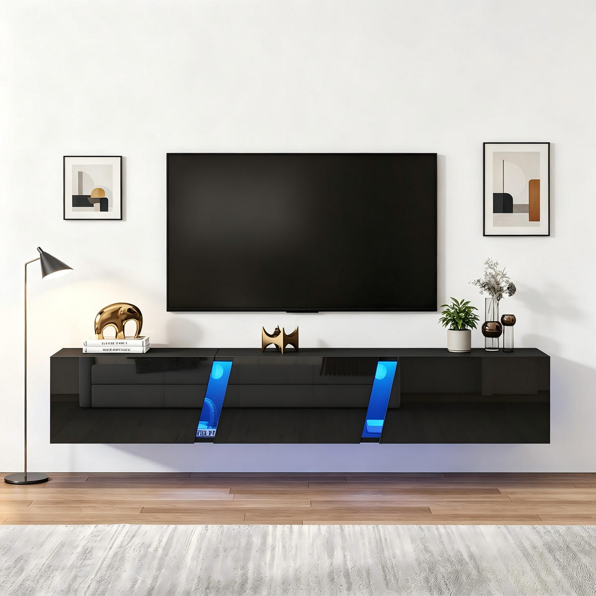 TV-ELEMENT 180/35/30 cm Hängend Hochglanz Schwarz mit LED-Beleuchtung und 3 Türen - Schwarz, Holzwerkstoff (35/30/180cm) - Korfee