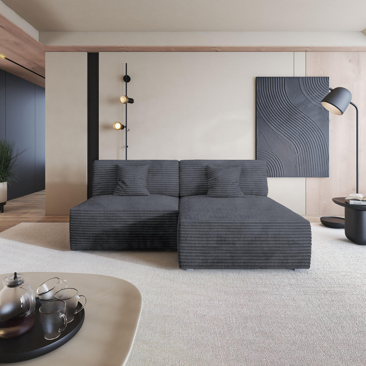 ECKSOFA FIORO Graphitfarben Kordstoff mit Schlaffunktion - Graphitfarben, Holz (204/148cm) - MASSENO