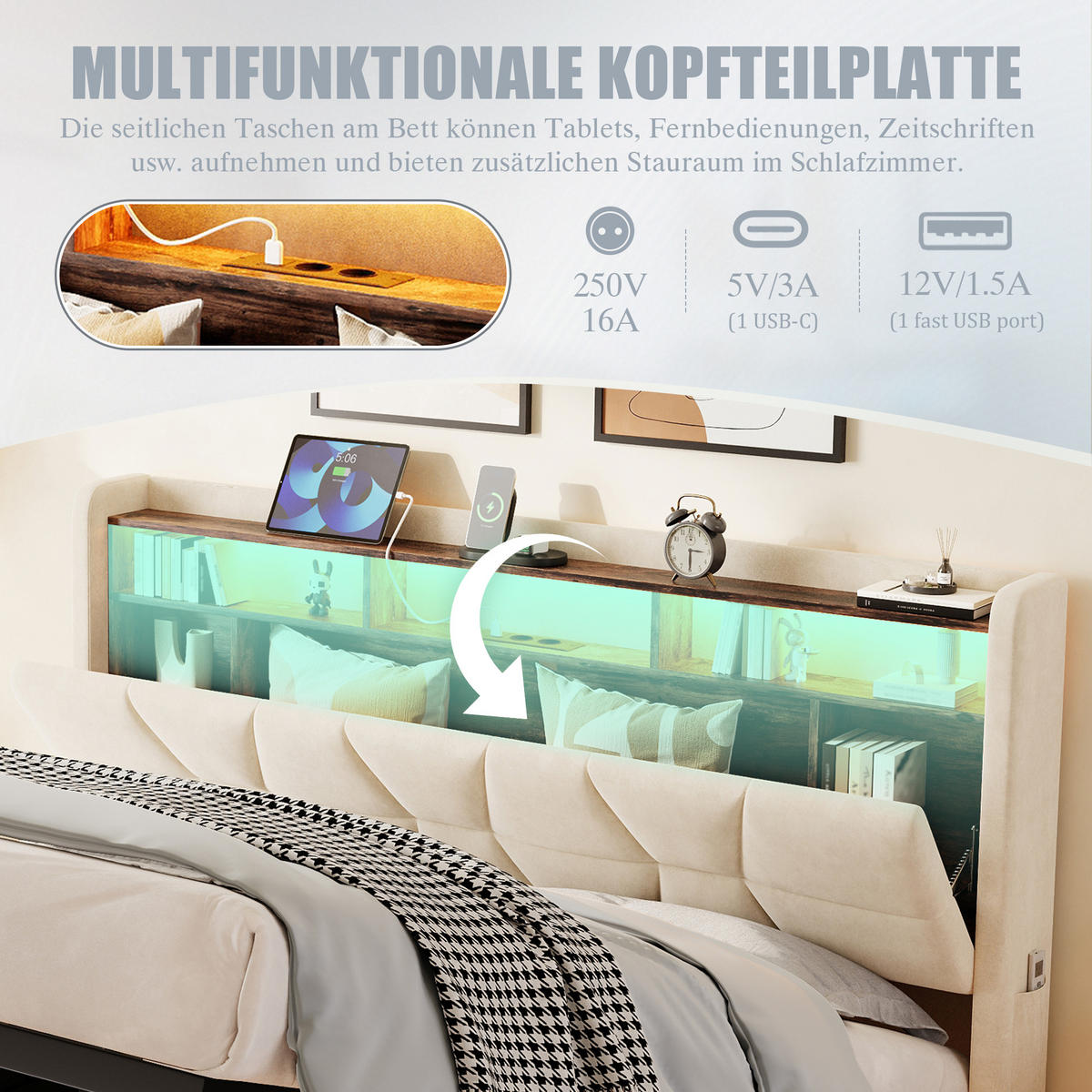 POLSTERBETT aus Samt 140x200 cm in Beige mit LED & USB/Type-C - Beige, Textil (140/200cm) - Modfu