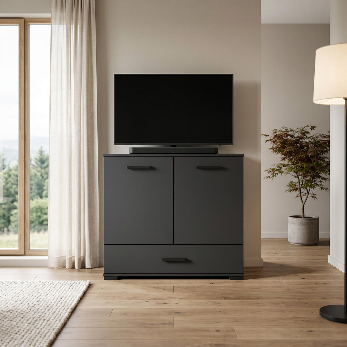 KOMMODE ALBANO 90/83/40cm mit 1 Schubladen 2 Türen Schwarz - Schwarz, Holzwerkstoff (90/83/40cm) - MASSENO