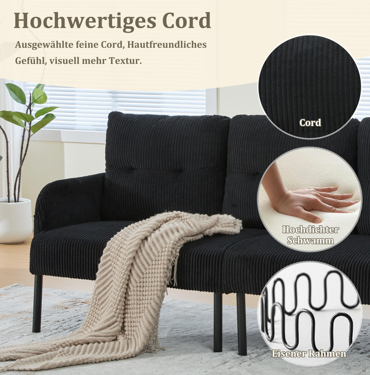 3-SITZER-SOFA 171/72/80 cm aus Cord mit Seitentasche Schwarz - Schwarz, Textil (72/80/171cm) - Modenvie