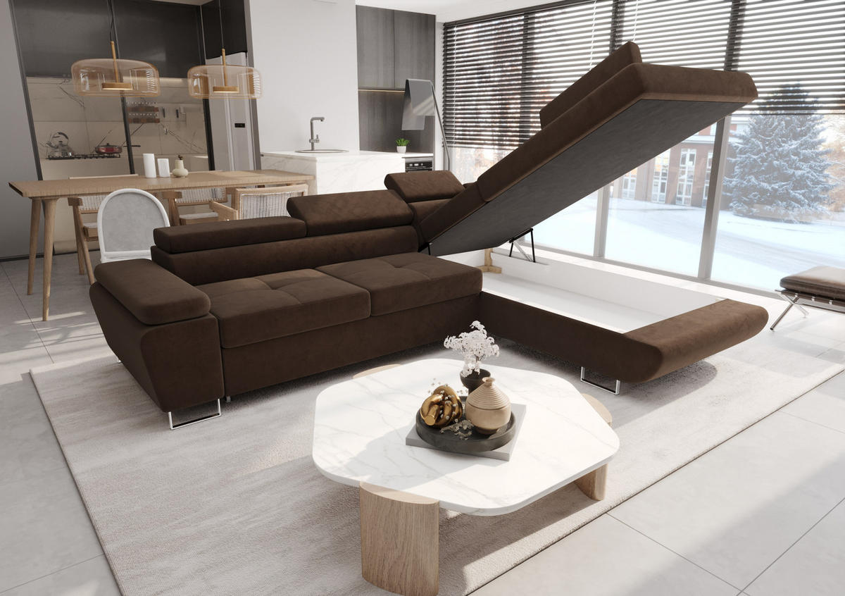 ECKSOFA KONGO RBN04, Eckcouch in L-Form mit Schlaffunktion, Farbe: Gelb, Velourstoff, Ottomane Rechts - Gelb, Textil (272/200cm) - O-Sofa