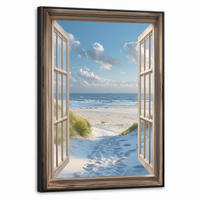 LEINWAND Bilder mit Rahmen - Aussicht - Strand - Fenster - Dünen - Meer - 60x80 - Hellblau, Textil (60/80cm) - MuchoWow
