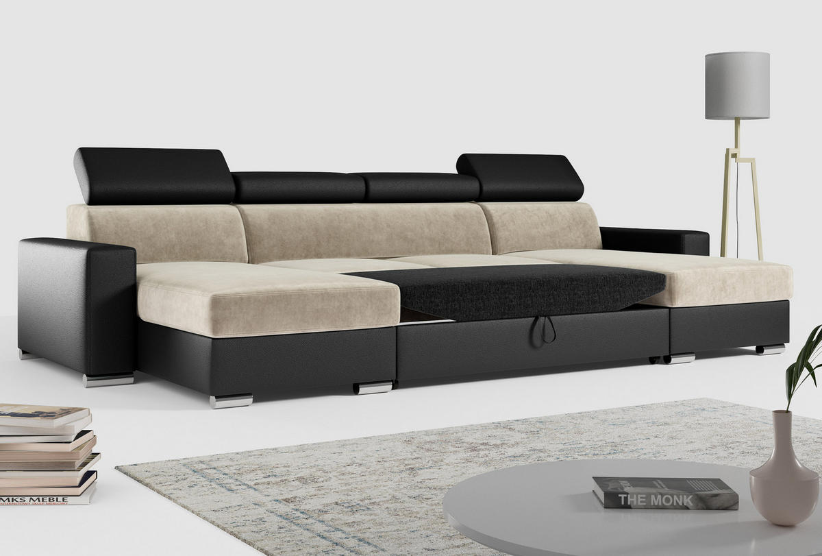 WOHNLANDSCHAFT FOX U Beige/Schwarz - Velvet/Kunstleder - Beige/Silberfarben, Kunststoff/Textil (306/98/168cm) - MKS