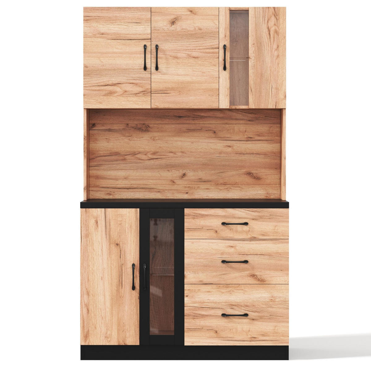 BUFFET aus MDF 105x40x180 cm in Holzoptik/Schwarz mit LED, USB, Steckdosen und verstellbaren Einlegeböden - Naturfarben, Holzwerkstoff (105/180/40cm) - Modfu