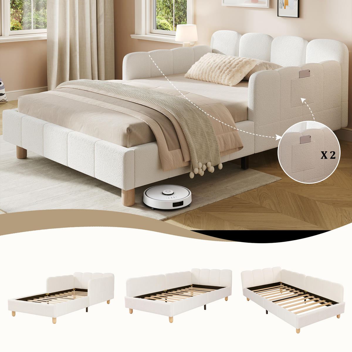 POLSTERBETT 90/200 cm DE-03015, mit Rausfallschutz und 3-seitigen Armlehnen, in Beige - Beige, Holz (90/200cm) - ComfortXL