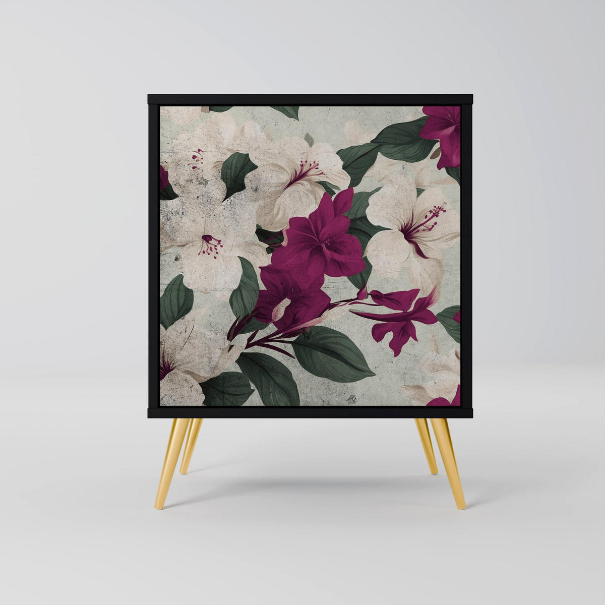 SIDEBOARD FLOWERET DREAM, Schwarz, 57,5x42x70,5 cm, Schwarze Metall-Sternfüße - Multicolor/Schwarz, Holzwerkstoff/Metall (57.5/70.5/42cm) - SpaceRebels