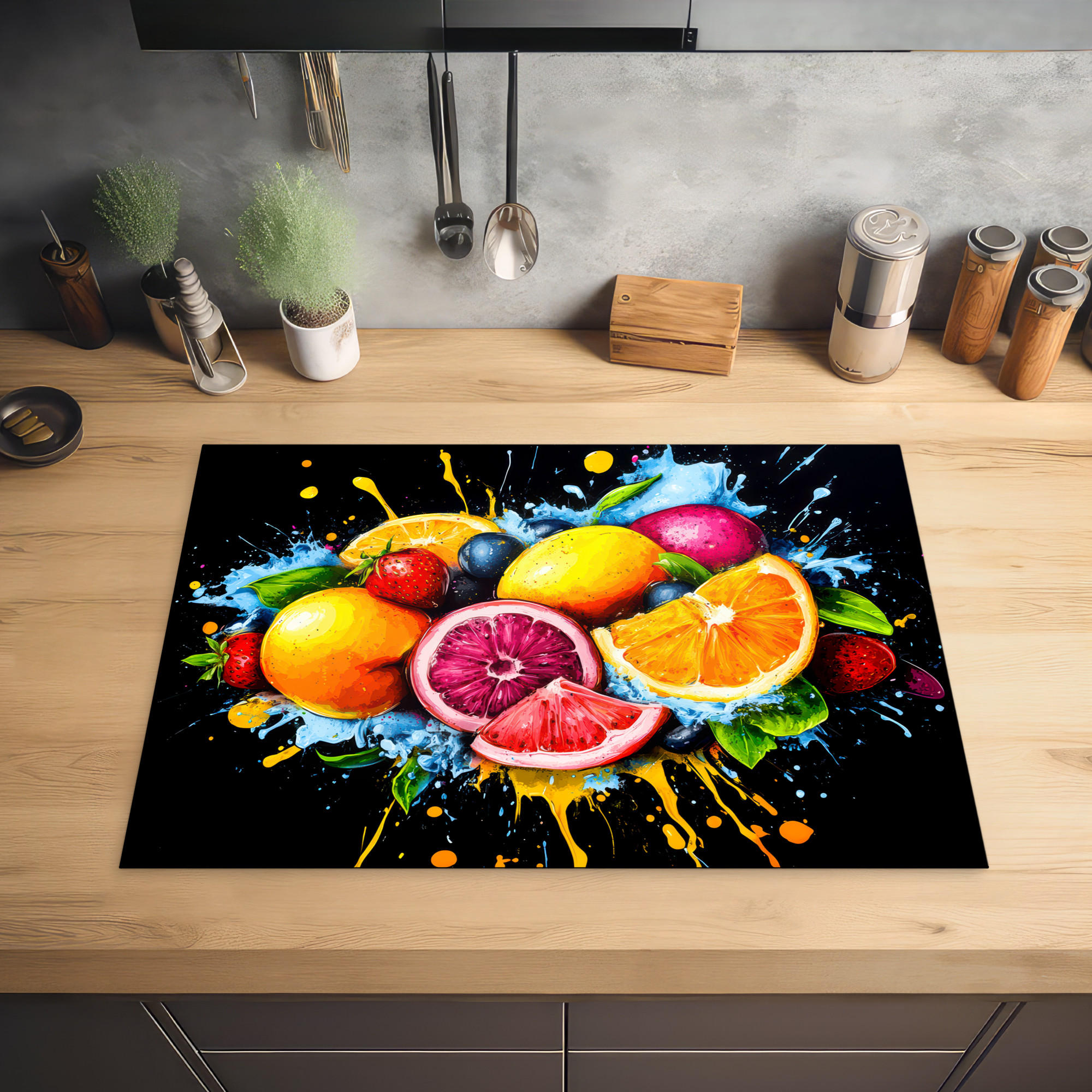 HERDABDECKPLATTE Obst - Graffiti - Bunt - Orange - Erdbeere - Abstrakt 75x52 cm - Orange, Kunststoff (75/0.2/52cm) - MuchoWow