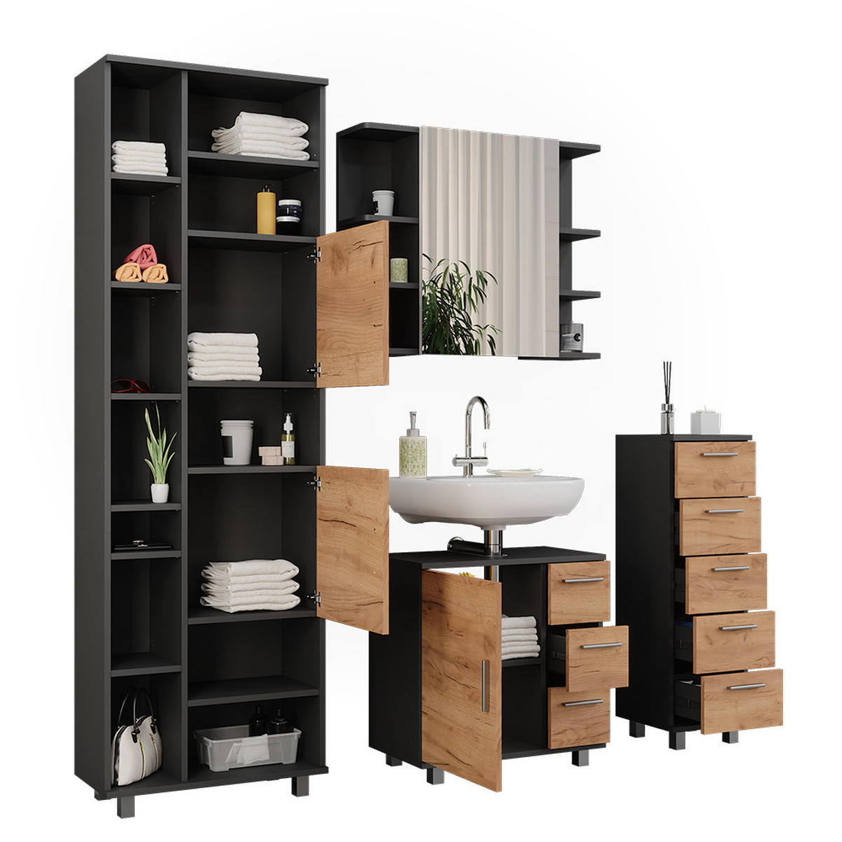 BADMÖBEL-SET Ilias Anthrazit/Goldkraft Eiche 4 Teile, mit Hochschrank und Midischrank - Honigeiche/Anthrazit, Holzwerkstoff (60.2/60.8/33cm) - Vicco