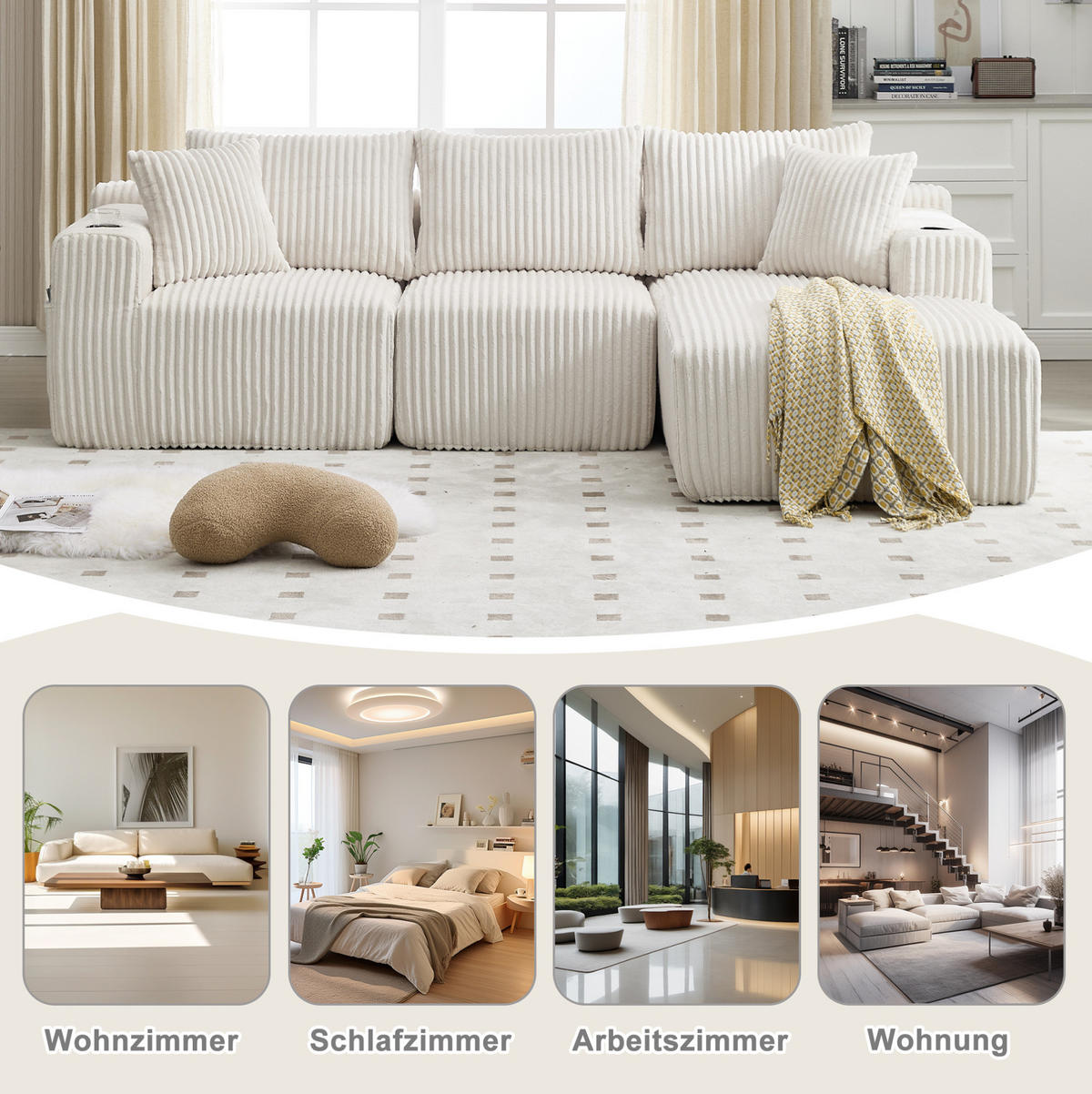 MODULARES Sofa Cord mit Chaiselongue und 2-Sitzer 257/90-160/62 cm Beige - Beige, Textil (160/257cm) - Redom