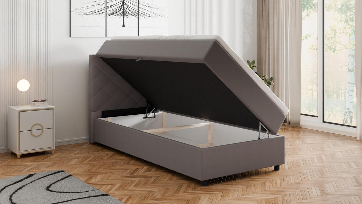 BOXBETT Diamaro 100x200 cm mit Bettkasten und Topper - Dunkelgrau - Grau, Holz (100/200cm) - Panda Möbel