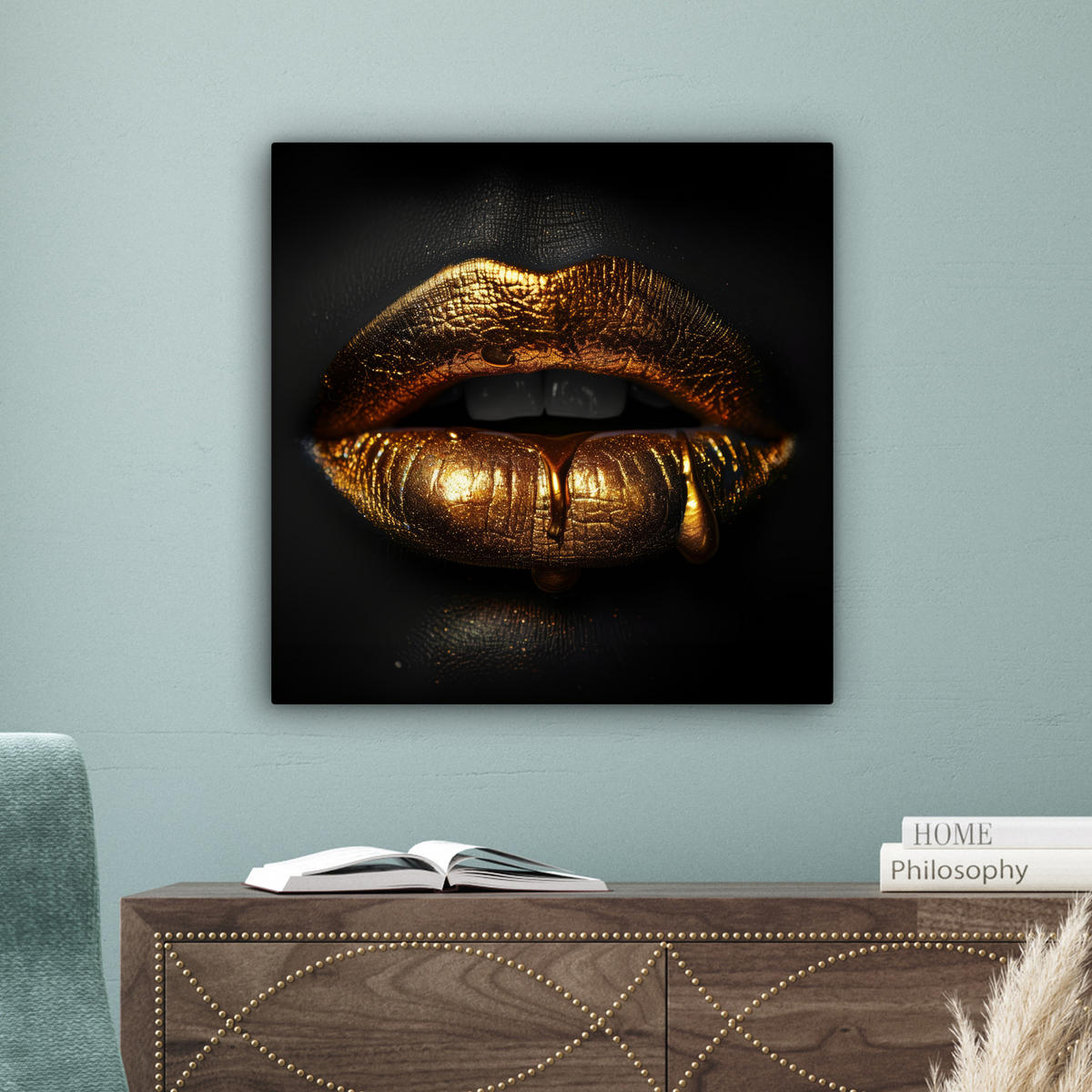 LEINWANDBILD Frau - Porträt - Lippen - Gold - Schwarz 50x50 cm - Schwarz, Textil (50/50cm) - MuchoWow