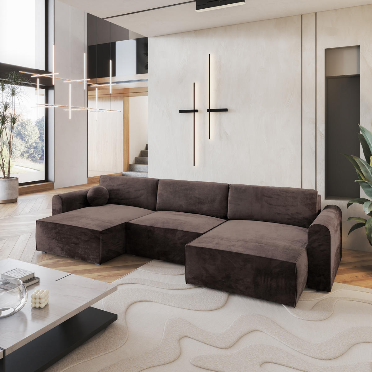 WOHNLANDSCHAFT FENTO M Braun Velours-Stoff mit Schlaffunktion - Braun, Holz (347/90/148cm) - MASSENO