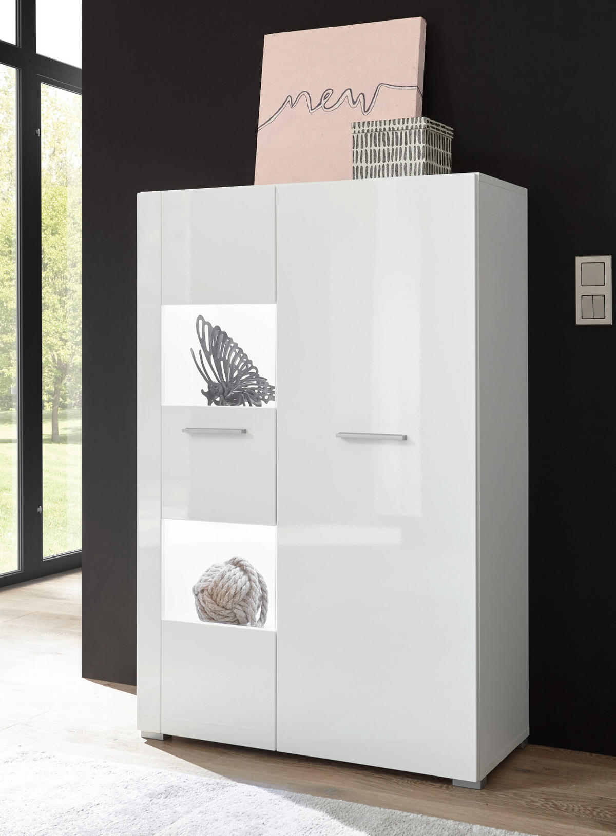 VITRINE weiß Hochglanz 80 x 123 cm, Vitrinenschrank mit 5 Fächern - Chromfarben/Weiß Hochglanz, Glas/Holzwerkstoff (80/123/35cm) - Furn.Design