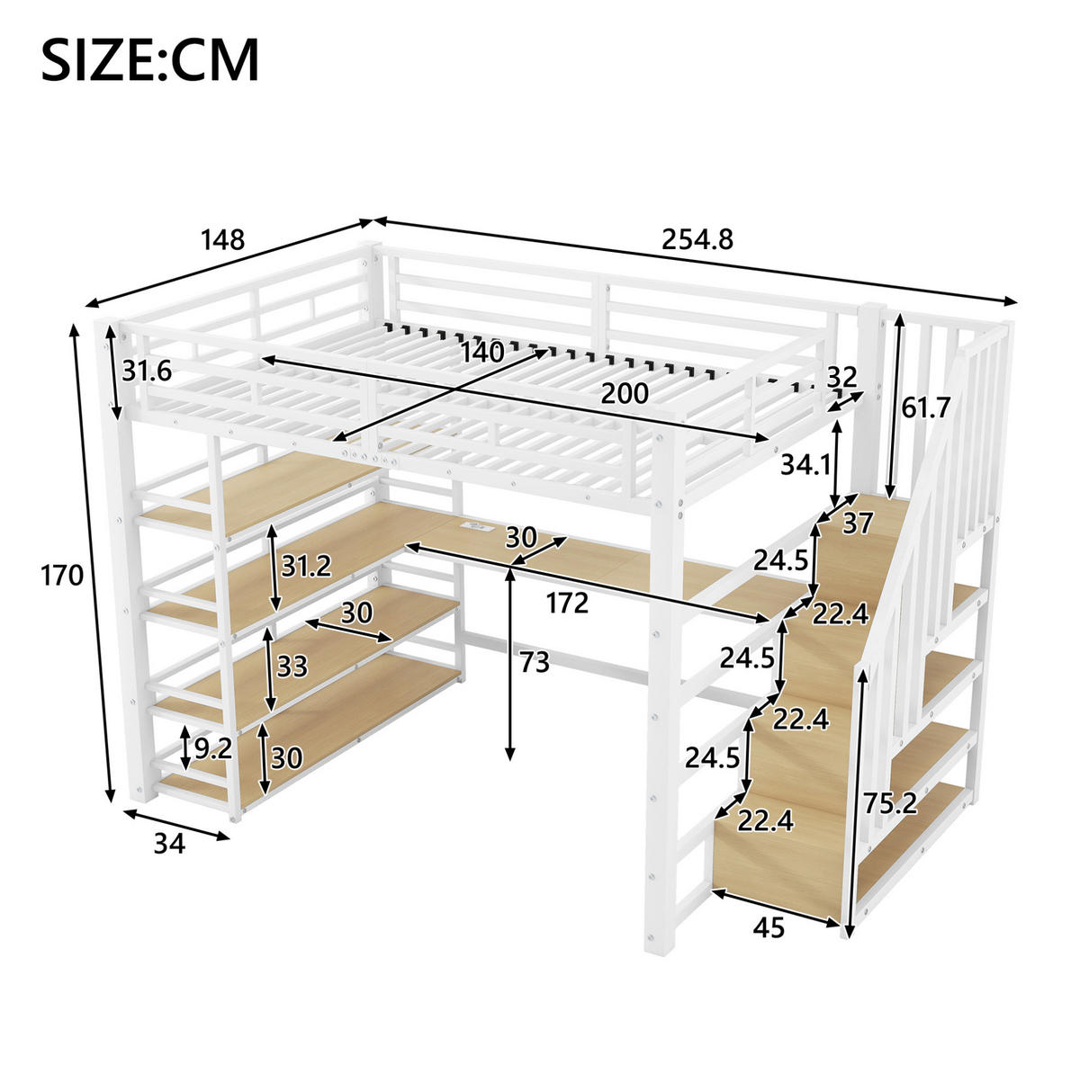 HOCHBETT 140/200 cm aus Metall und MDF mit Schreibtisch, Stauraumtreppe und LED Weiß - Weiß, Holzwerkstoff (140/200cm) - Modenvie