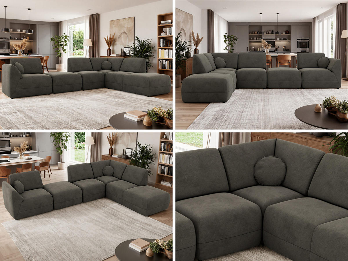 ECKSOFA NOARA 6M L Dunkelgrau Velvet - Links - Dunkelgrau/Schwarz, Kunststoff/Textil (244/355cm) - MKS