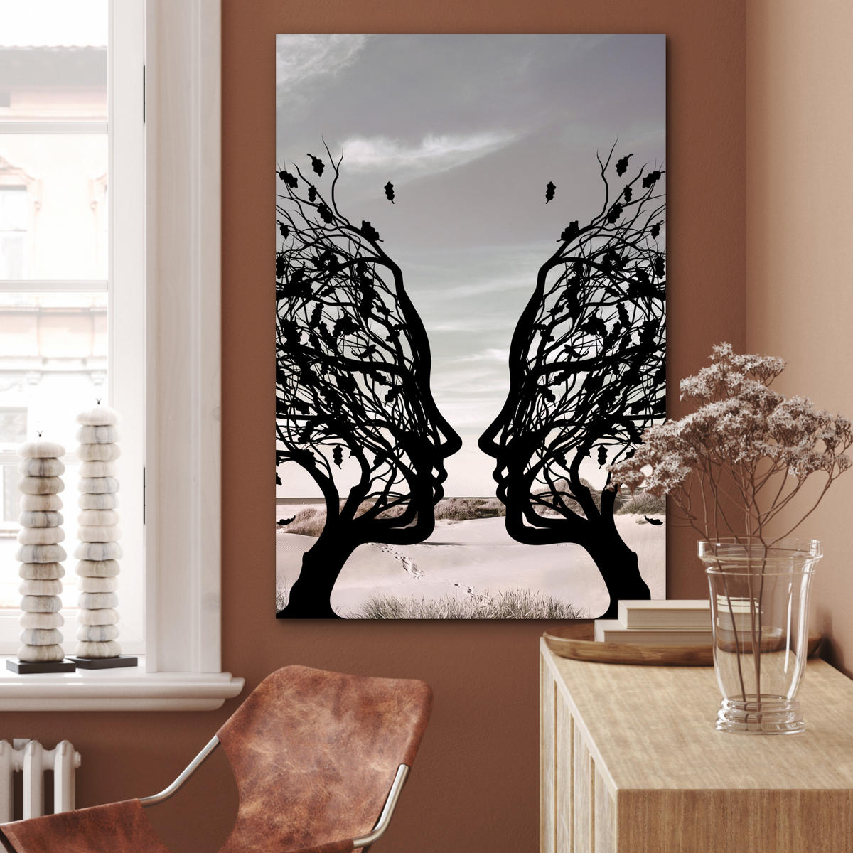 METALLBILD Strand - Meer - Menschen - Baum - Moderne Kunst 60x90 cm - Hellgrau, Metall (60/90cm) - MuchoWow