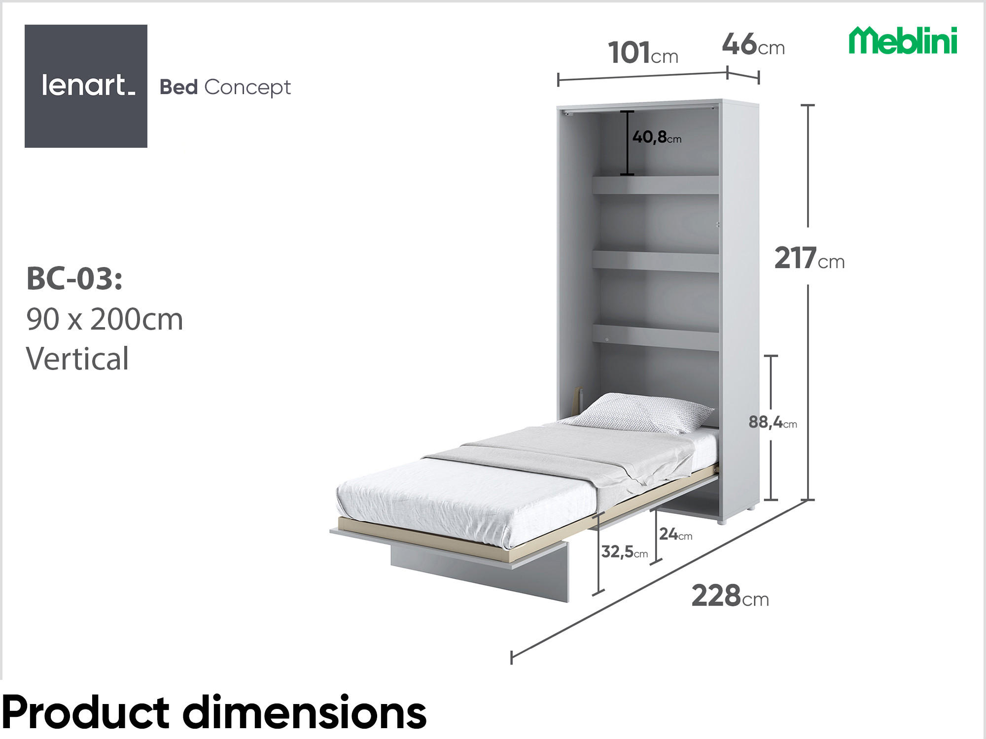 SCHRANKBETT BC-03 - 90x200cm Vertikal - Grau Matt - Grau, Holzwerkstoff (90/200cm) - Meblini