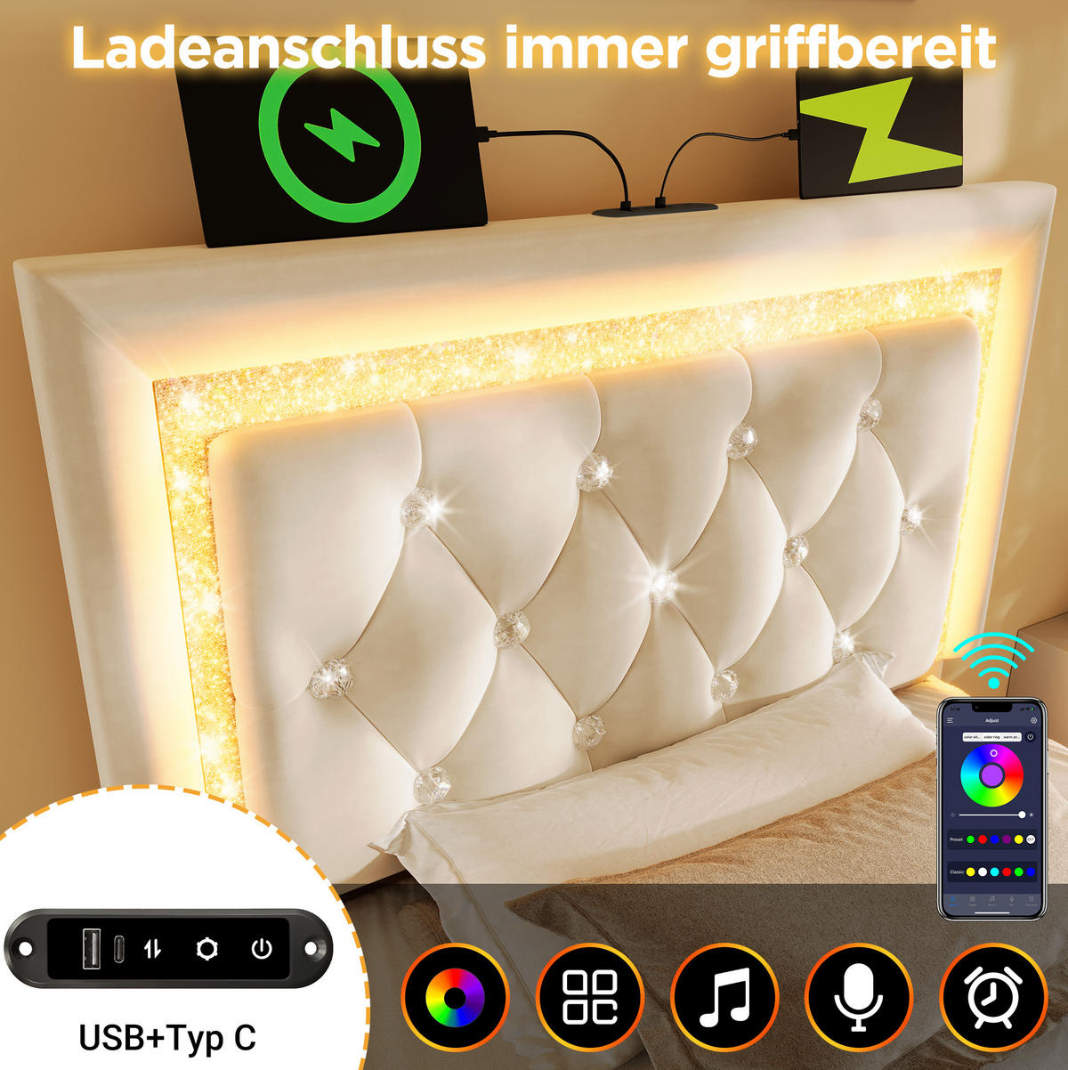 POLSTERBETT 90/200 cm Beige aus Samt mit Bettkasten, LED und Matratze - Beige, Textil (90/200cm) - Flora Grace