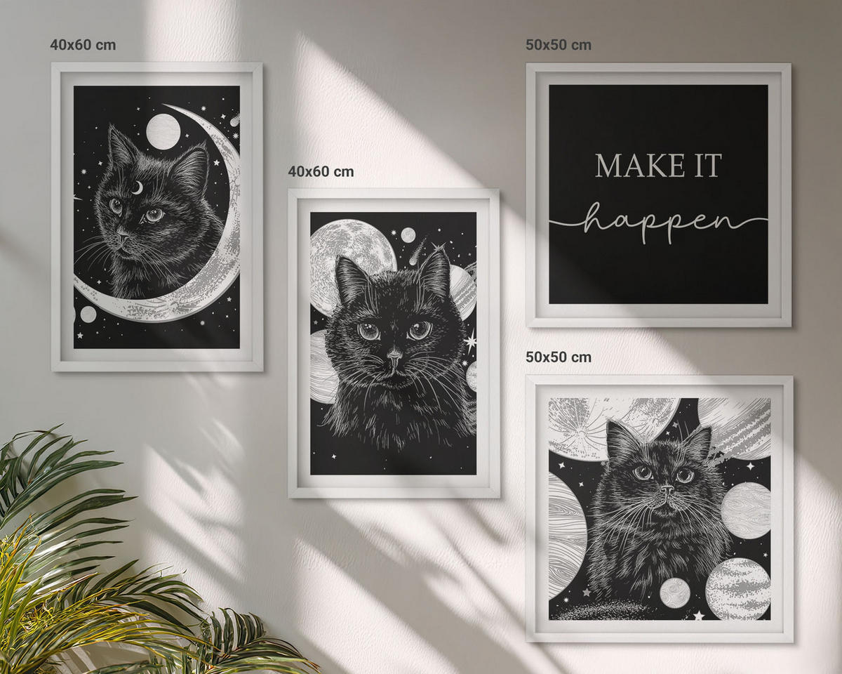 BILDER SET 4er Set - 50x50 cm & 40x60 cm Weißer Rahmen - Schwarze Katzen, Mond, Planet - Weiß, Kunststoff (50/50cm) - TULUP