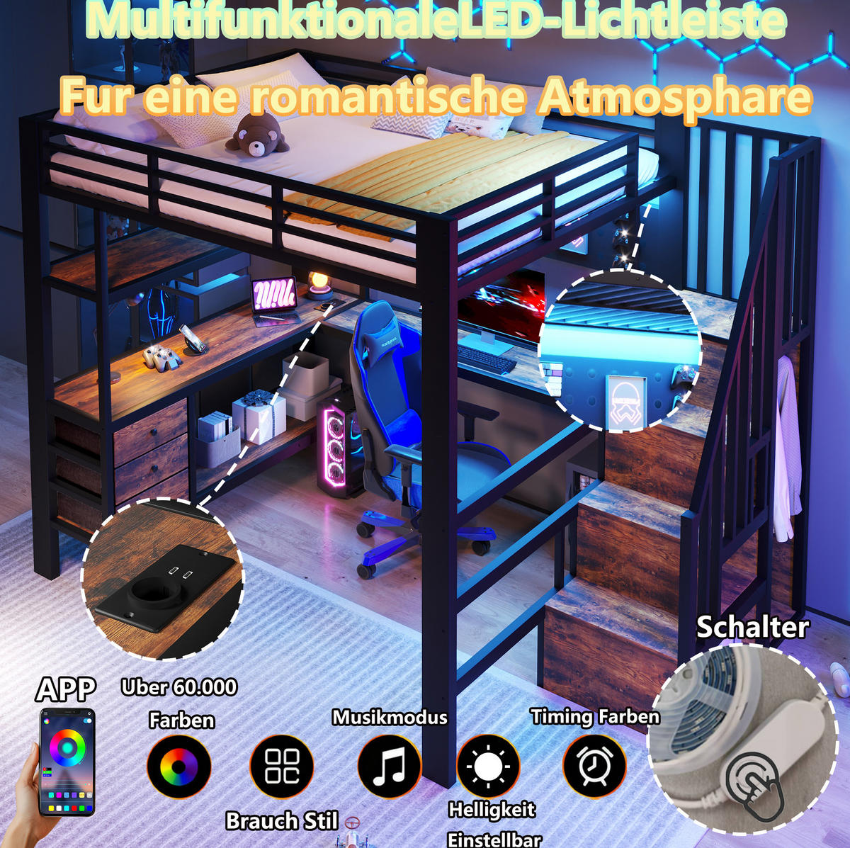 HOCHBETT 140/200 cm schwarz aus MDF und Metall mit Schreibtisch Stauraum LED und Steckdose - Schwarz, Holzwerkstoff (140/200cm) - OKWISH