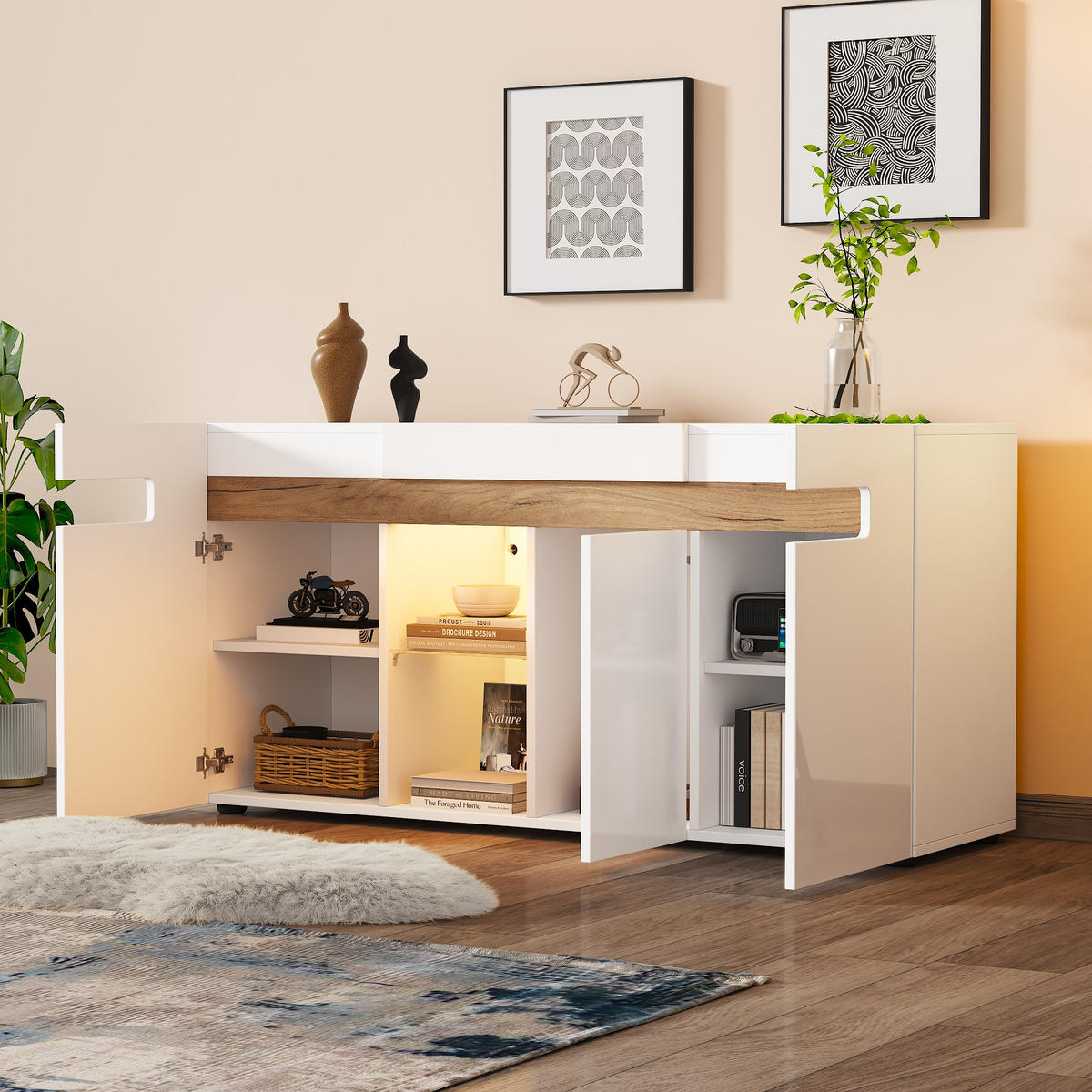 SIDEBOARD LED Weiß 3 Türen App Glas 140x40x70cm Hochglanz - Multicolor, Holzwerkstoff (40/70/140cm) - FLIEKS
