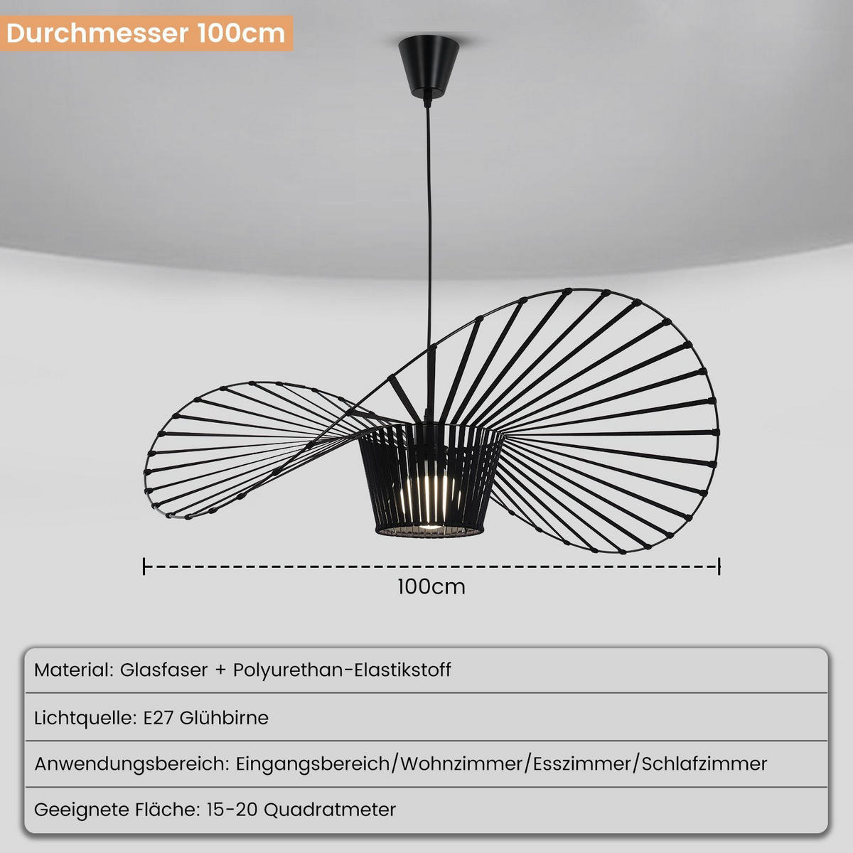 LED-HÄNGELEUCHTE Hellethos 100/150/100 cm - Schwarz, Metall (100/100/150cm) - ZMH