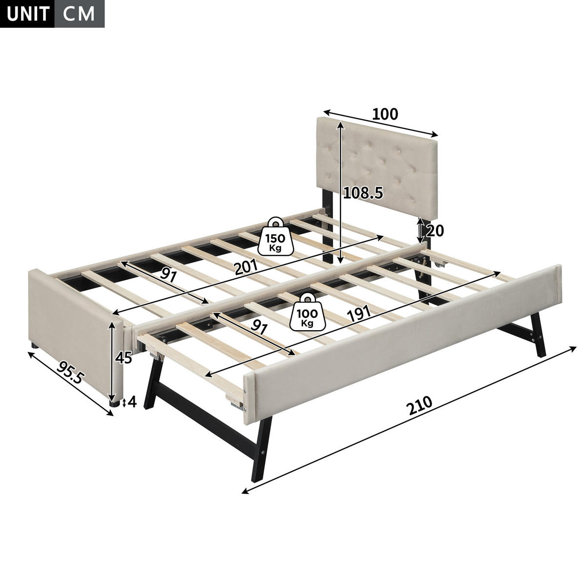 POLSTERBETT 90/200 cm & 90/190 cm in Beige mit Rollbett und Lattenrost Samt Minimalistisches Design - Beige, Holzwerkstoff/Textil (90/200cm) - STILVORA